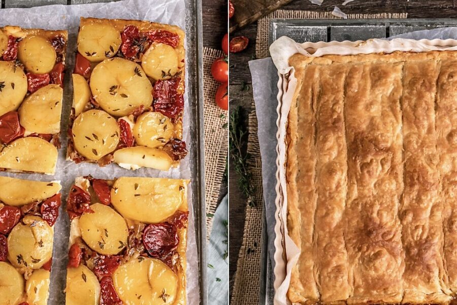 Tarte Tatin Surprise mit Kartoffeln, Tomaten und Ziegenfrischkäse