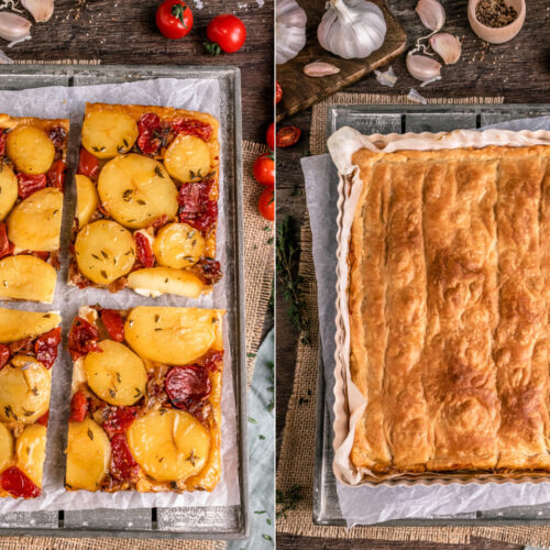Rezept für eine Tarte Tatin mit Kartoffeln, Tomaten und Ziegenfrischkäse