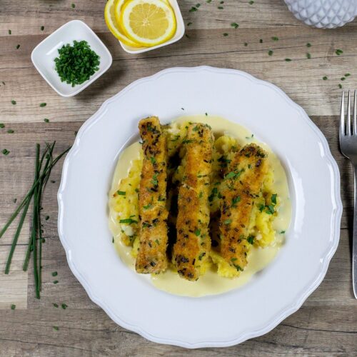 Fischstäbchen, Senfsauce und Kartoffelstampf