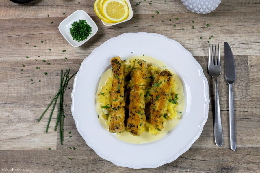 Fischstäbchen, Senfsauce und Kartoffelstampf