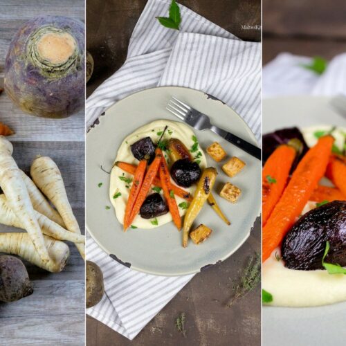Rezept für leckeres Ofengemüse auf einem cremigen Selleriepüree