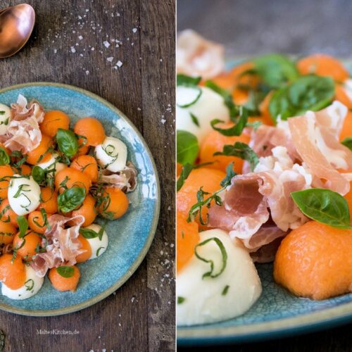 Melonen-Salat mit Mozzarella und Schinken, Minze und Basilikum
