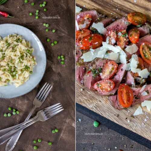 Rezept Risoni mir Pancetta und Erbsen und Tagliata