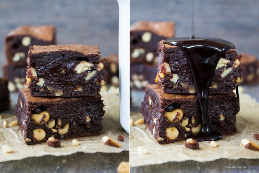 Rezept für einen saftigen Schokoladen Brownie mit Erdnüssen