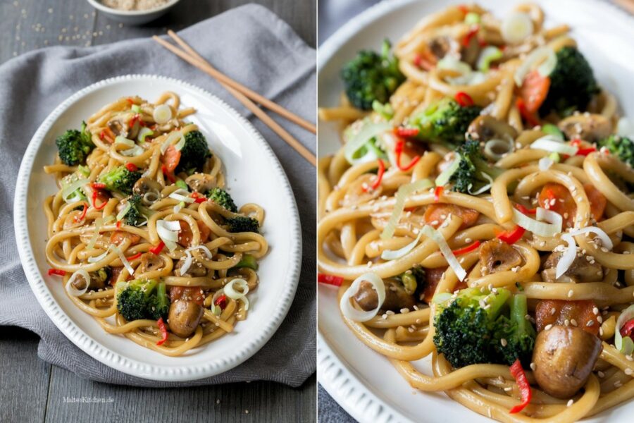 Rezept würzige Udon Nudeln mit Gemüse