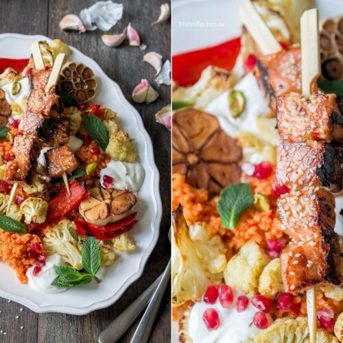 Blumenkohl-Paprika Salat mit Bulgur und Lachspieße
