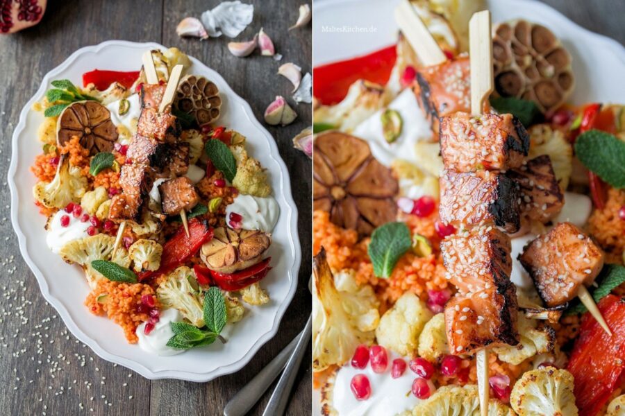 Blumenkohl-Paprika Salat mit Bulgur und Lachspieße