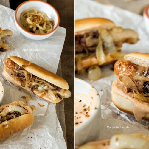 Rezept Hot Dogs mit Bratwurst, Hot Dog Sauce und gegrillten Zwiebeln
