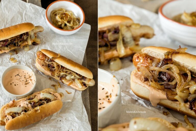 Rezept Hot Dogs mit Bratwurst, Hot Dog Sauce und gegrillten Zwiebeln