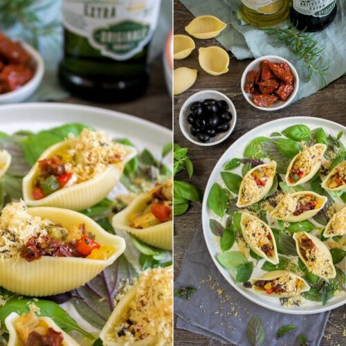 Rezept für Conchiglioni mit mediterranem Gemüse und Oliven-Thymian-Bröseln