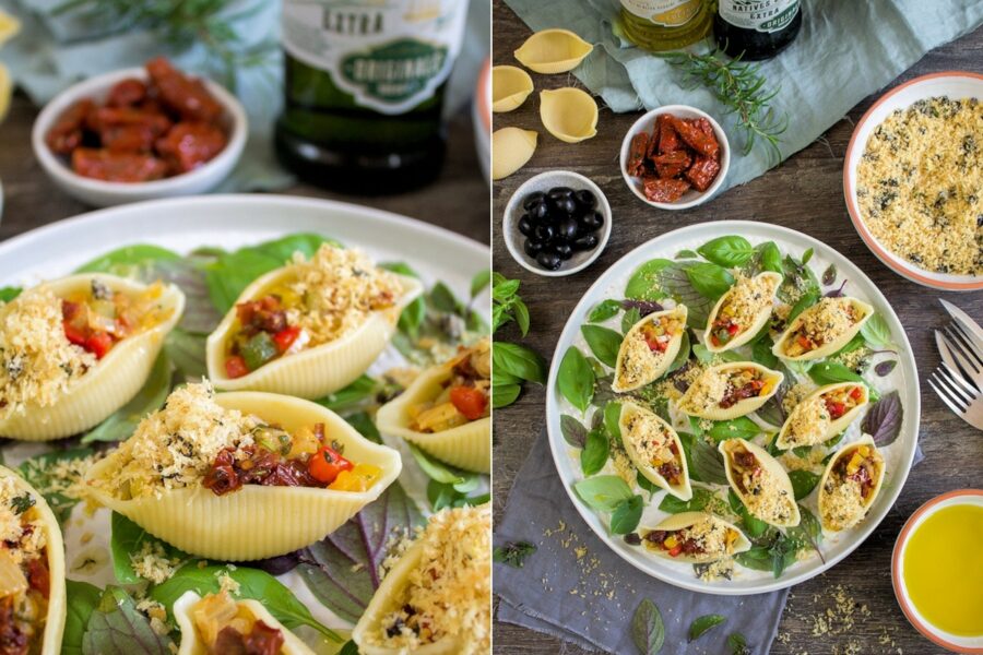 Rezept für Conchiglioni mit mediterranem Gemüse und Oliven-Thymian-Bröseln