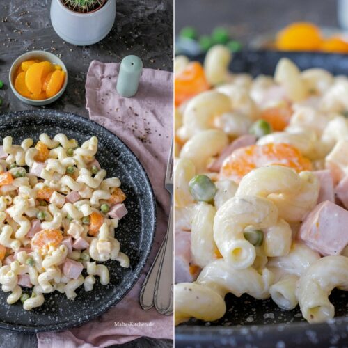 Rezept Nudelsalat mit Mandarinen, Erbsen, Fleischwurst und Käse