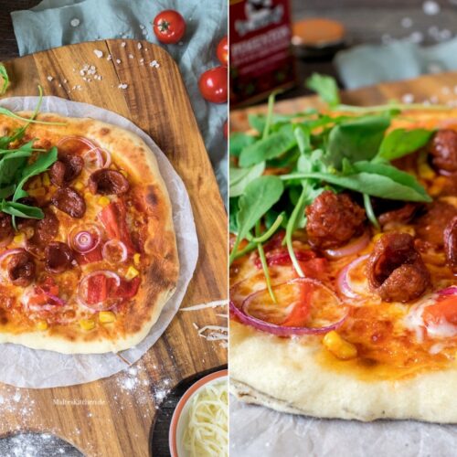 Rezept für Pizza mit Chorizo, Paprika und Mais