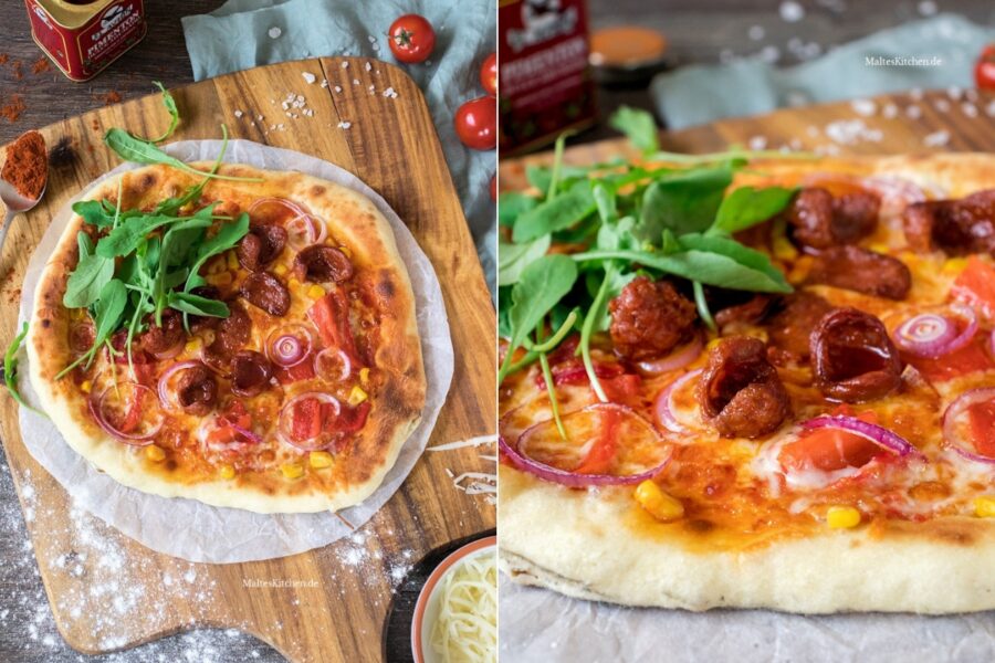 Rezept für Pizza mit Chorizo, Paprika und Mais