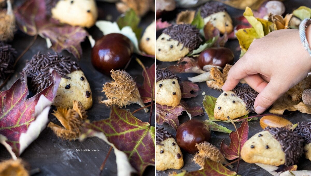 Rezept für süße Igel Kekse mit Schokolade und Schokoladenstreusel