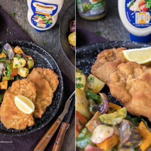 Rezept für einen Kartoffel-Kürbis-Salat vom Blech mit Schnitzel Wiener Art
