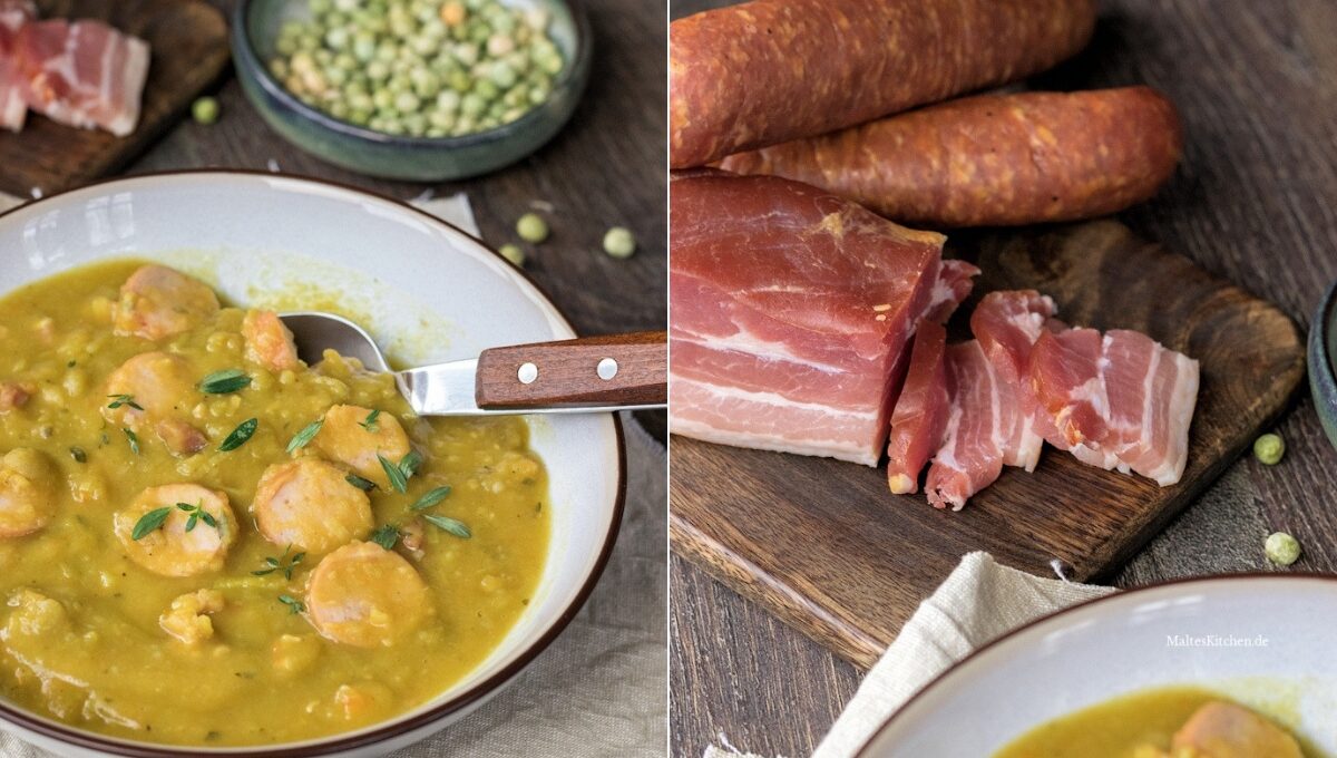 Rezept für eine klassische Erbsensuppe mit Würstchen und Speck