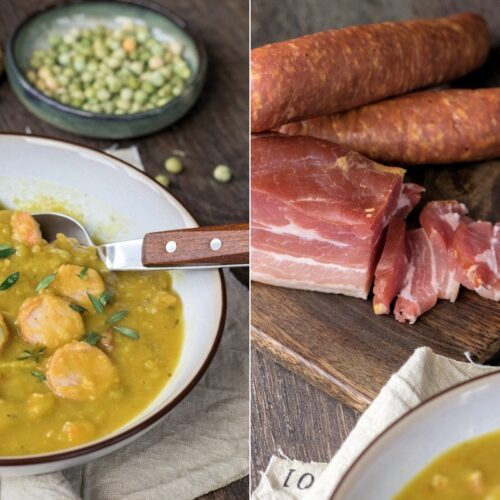 Rezept für eine klassische Erbsensuppe mit Würstchen und Speck
