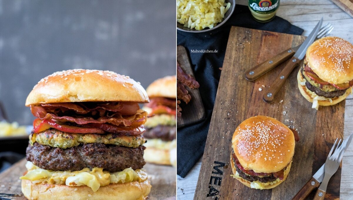 Rezept für einen deftigen Burger mit Spitzkohl, Zwiebel-Senf-Krüste und karamellisierten Zwiebeln