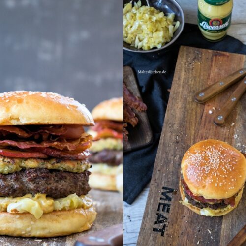 Rezept für einen deftigen Burger mit Spitzkohl, Zwiebel-Senf-Krüste und karamellisierten Zwiebeln