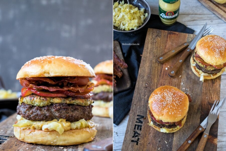 Rezept für einen deftigen Burger mit Spitzkohl, Zwiebel-Senf-Krüste und karamellisierten Zwiebeln