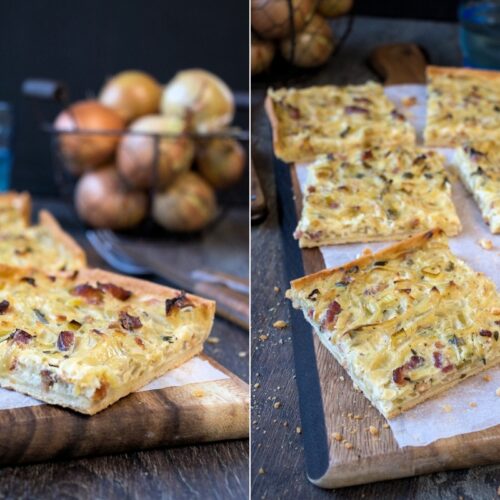 Rezept für einen Zwiebelkuchen mit Frühlingszwiebeln