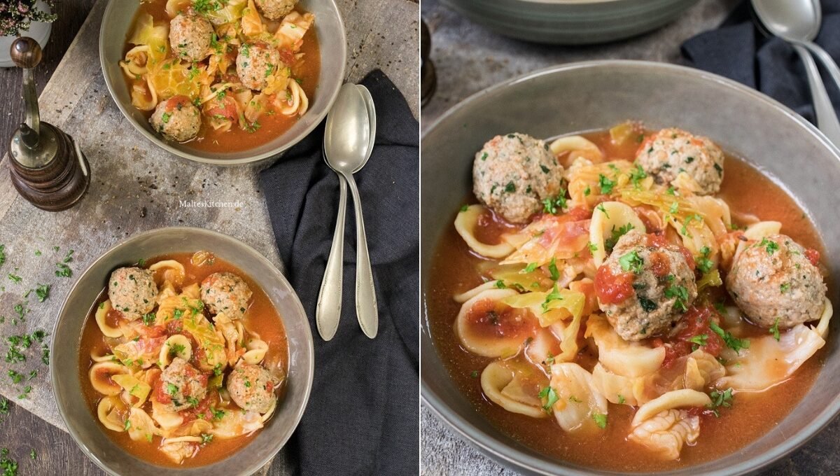 Rezept für eine Nudelsuppe mit Wirsing und Hackbällchen
