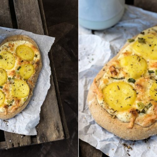 Rezept für Kartoffel Fladen mit Schmand, Frühlingszwiebeln und Speck