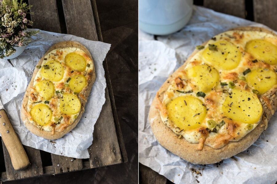 Rezept für Kartoffel Fladen mit Schmand, Frühlingszwiebeln und Speck