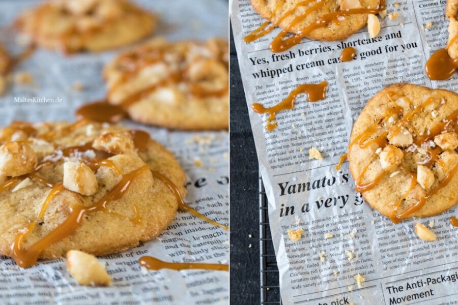 Rezept für Macadamia-Cookies mit Karamellsauce und Meersalz