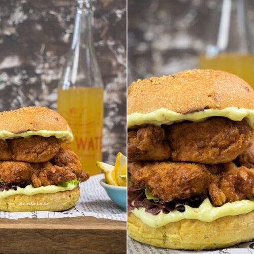 Rezept für einen Fried Chicken Burger mit Curry-Mayonnaise