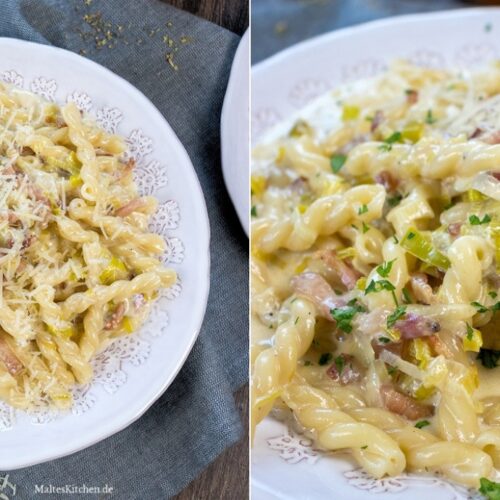 Rezept für Pasta mit Speck und Lauch in einer Sahnesauce
