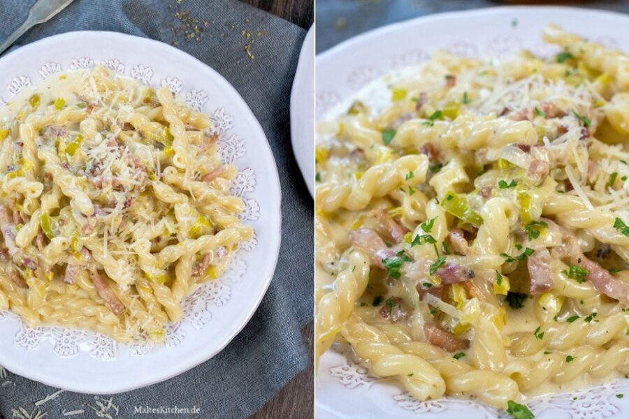 Rezept für Pasta mit Speck und Lauch in einer Sahnesauce