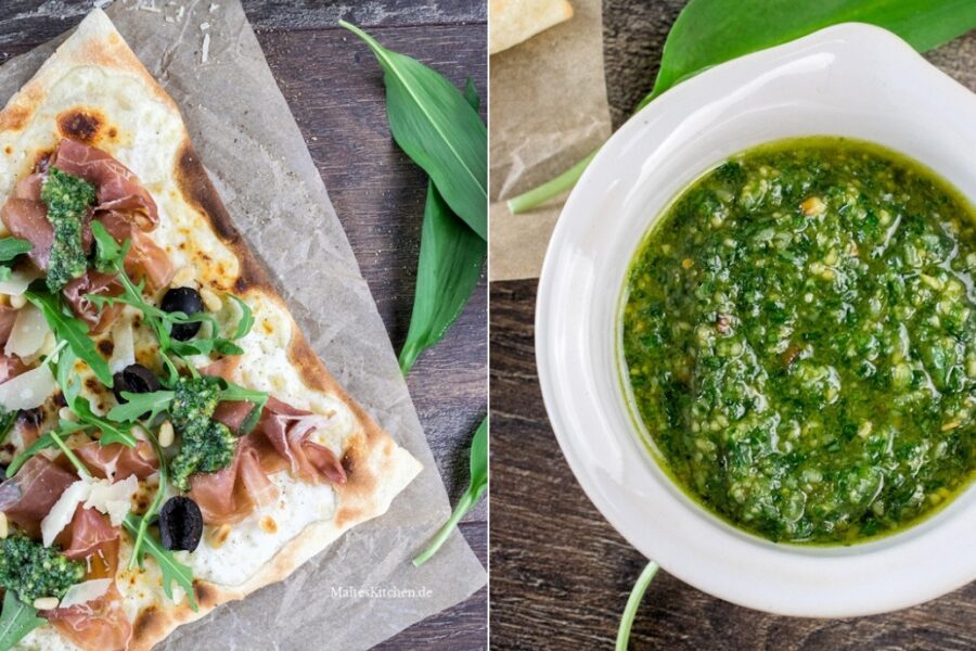 Rezept Flammkuchen mit Schinken, Oliven und Bärlauchpesto