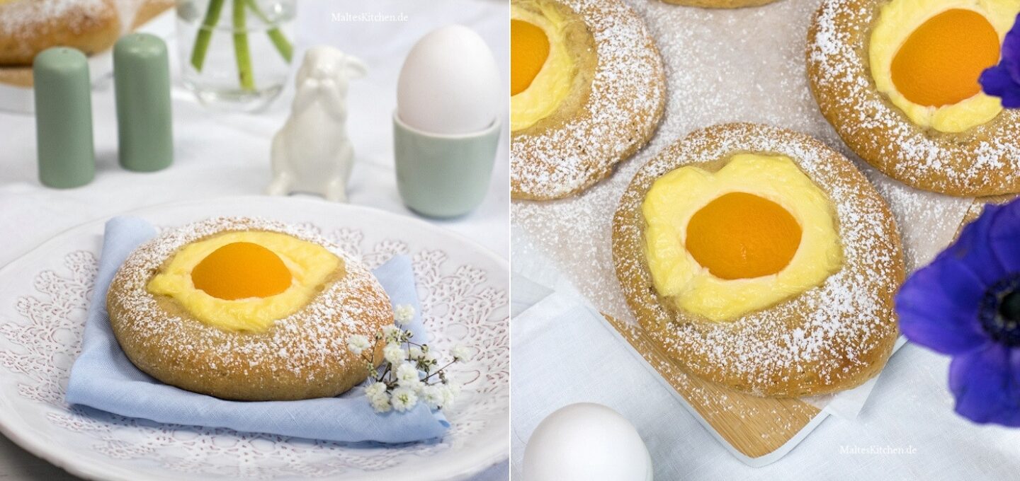 Rezept für süße Spiegeleier mit Pudding und Aprikosen