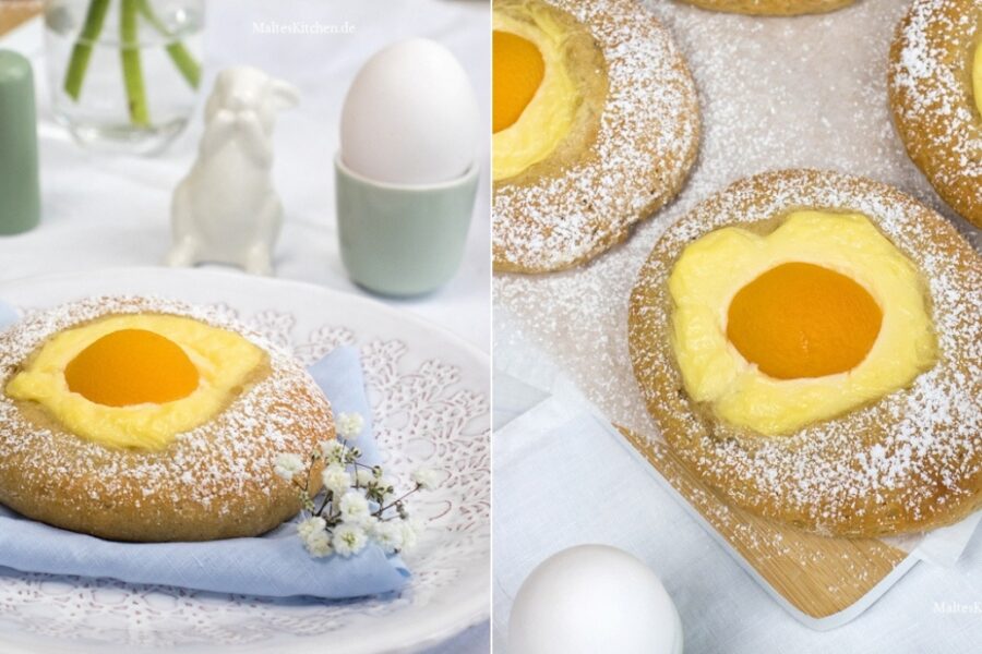 Rezept für süße Spiegeleier mit Pudding und Aprikosen