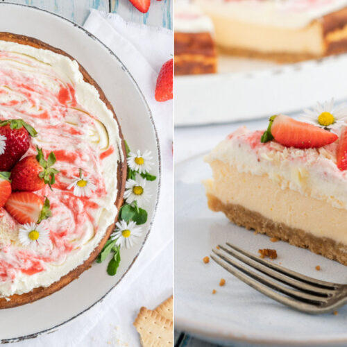 Rezept schneller Käsekuchen mit Erdbeeren und Erdbeersahne