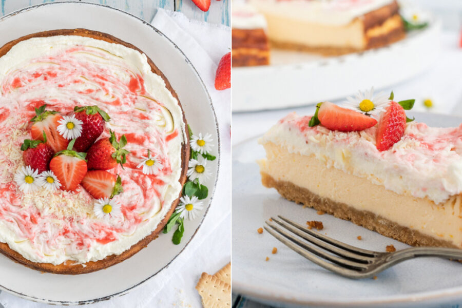 Rezept schneller Käsekuchen mit Erdbeeren und Erdbeersahne