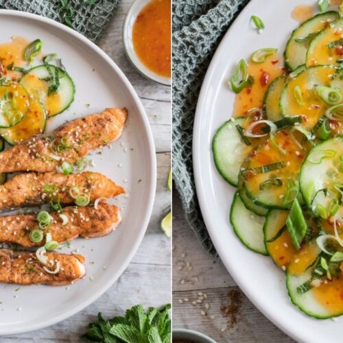 Rezept für gebratenen Lachsstreifen mit asiatischem Gurkensalat