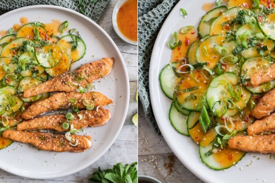 Rezept für gebratenen Lachsstreifen mit asiatischem Gurkensalat