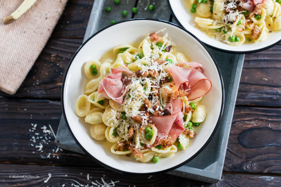 Rezept Orrechiette Carbonara mit Erbsen und Schinken