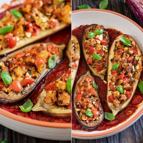 Rezept gefüllte Auberginen aus dem Ofen mit pikanter Tomatensauce