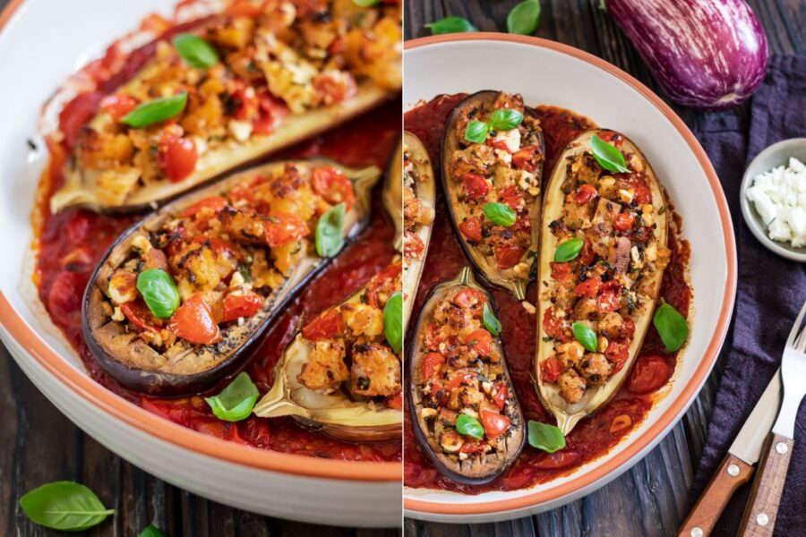 Rezept gefüllte Auberginen aus dem Ofen mit pikanter Tomatensauce
