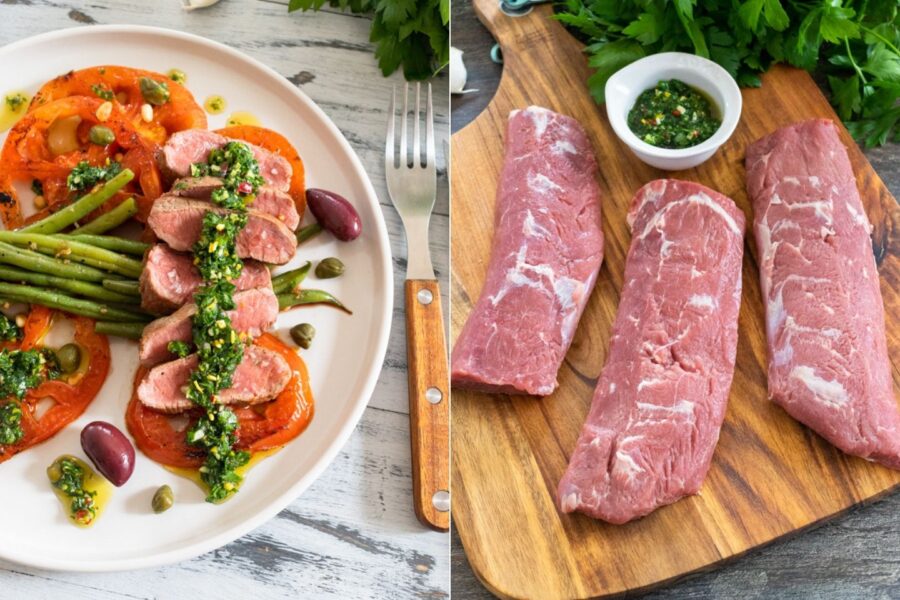 Rezept saftiger Lammrücken mit grünen Bohnen udn gebratenen Ochsenherztomaten