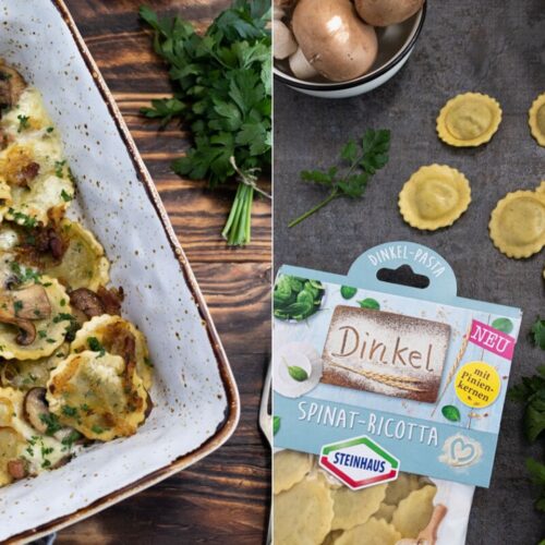 Rezept für einen leckeren Dinkel-Pasta Auflauf mit Speck und Käse