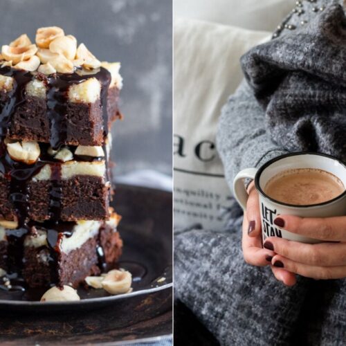Rezept für einen saftigen Brownie mit Käsekuchenhaube und Kakaosauce