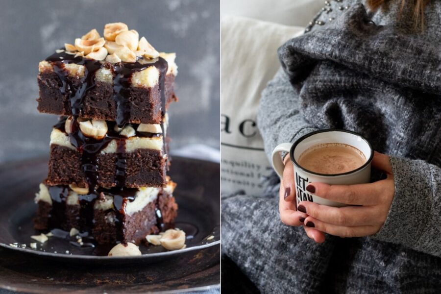 Rezept für einen saftigen Brownie mit Käsekuchenhaube und Kakaosauce