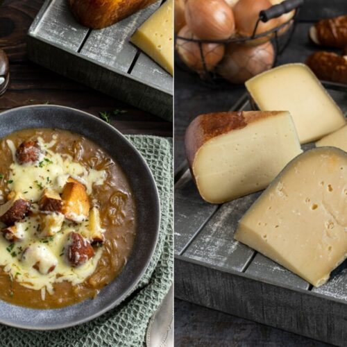 Rezept für eine deftige Zwiebelsuppe mit Bier, Käse und Laugenbretzel-Croutons