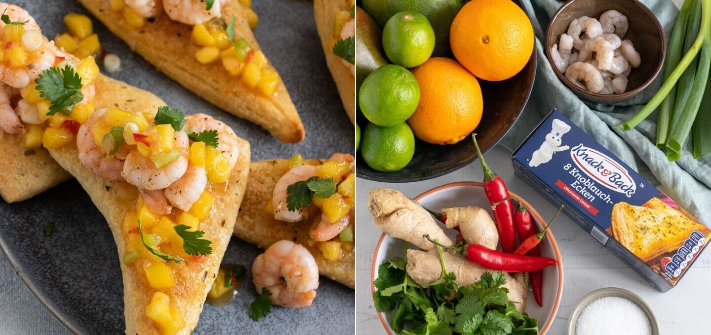 Rezept knusprige Knoblauch-Ecken mit Garnelen und Mango-Chutney