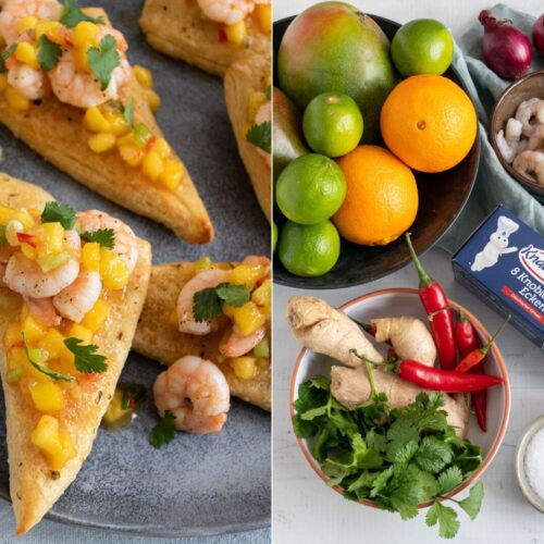 Rezept knusprige Knoblauch-Ecken mit Garnelen und Mango-Chutney